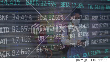 Image of financial data processing over woman wearing face mask 116149567