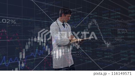 Image of statistics and data processing over male doctor 116149571