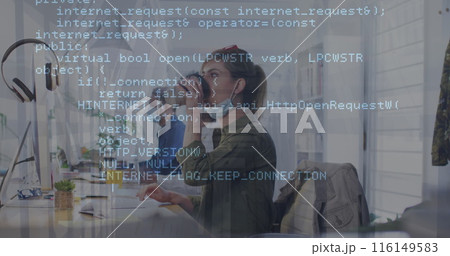 Image of financial data processing over business people wearing face masks working in office Image of financial data processing over business people wearing face masks working in office 116149583
