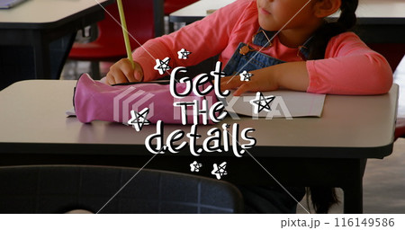 Image of smartphone and get the details text over biracial schoolgirl with teacher Image of smartphone and get the details text over biracial schoolgirl with teacher 116149586