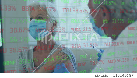 Image of data processing and male doctor and patient in face mask vaccinating Image of data processing and male doctor and patient in face mask vaccinating 116149587