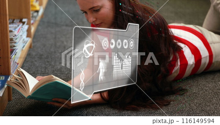 Image of data processing over caucasian female student reading 116149594