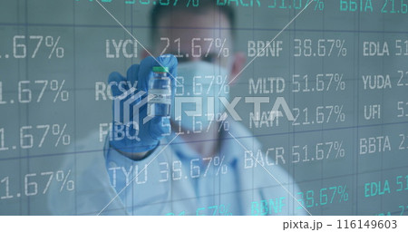 Image of financial data processing and male doctor in face mask holding vaccine Image of financial data processing and male doctor in face mask holding vaccine 116149603