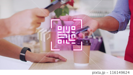 Image of qr code and data processing over dman paying with smartphone in shop 116149624