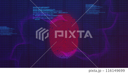 Image of illuminated fingerprint over abstract patterns and computer language on blue background 116149699