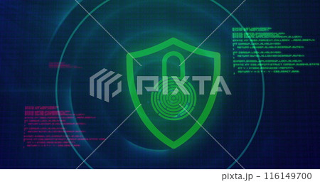 Image of circles over padlock in shied against computer language on blue background 116149700