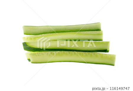 Cucumber cut isolated, cucumber slices macro, green vegetable cuts for salad isolated, healthy fresh pieces 116149747
