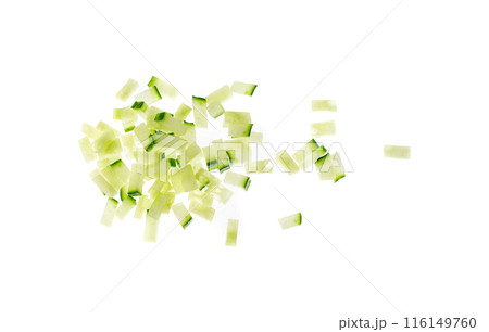 Cucumber cut isolated, cucumber slices macro, green vegetable cuts for salad isolated, healthy fresh pieces 116149760