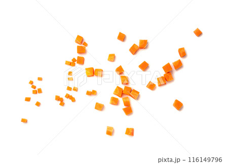 Fresh Diced Carrot, Raw Carrot Cubes Closeup, Chopped Orange Root Vegetable, Diced Carrots Pile 116149796