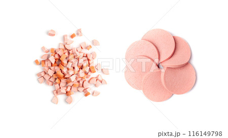 Diced Ham Isolated on White Background, Chopped Boiled Sausage 116149798