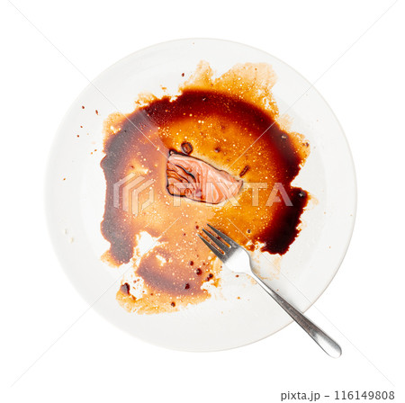 Spilled Soy Sause Leftovers with a Piece of Fish Isolated, Teriyaki Drops on White Plate, Oyster Sauce Spilled Soy Sause Leftovers with a Piece of Fish Isolated, Teriyaki Drops on White Plate, Oyster Sauce 116149808