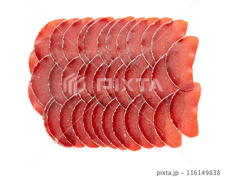Meat Jerky Isolated, Dry Salted Turkey Fillet Slices, Thin Slices of Dehydrated Meat, Dried Turkey Fillet Meat Jerky Isolated, Dry Salted Turkey Fillet Slices, Thin Slices of Dehydrated Meat, Dried Turkey Fillet 116149838