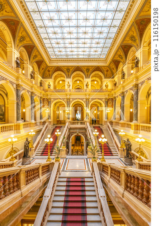 A massive building with numerous staircases leading to different levels within the National Museum Foyer in Prague, Czechia 116150198