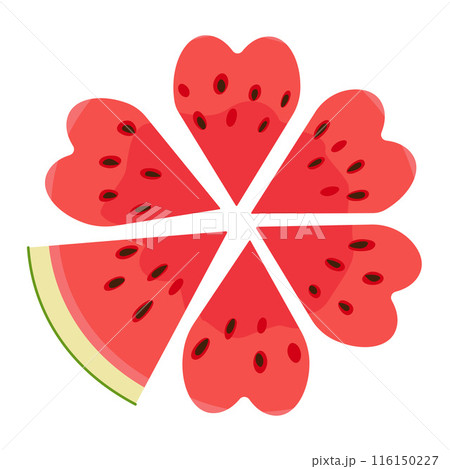 Ripe red cut segmented watermelon top view heart-shaped pieces. 116150227