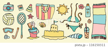 Vector doodle beach vacation set, cute sea party activity icons, kawaii sand castle, tropical holiday. 116150311