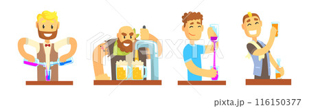 Man Bartender Character Pouring and Serving Alcoholic Drink at Counter Vector Set 116150377
