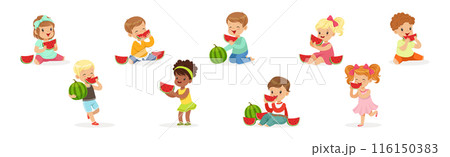 Cute Kid Character Eat Ripe Juicy Watermelon Fruit Vector Set Cute Kid Character Eat Ripe Juicy Watermelon Fruit Vector Set 116150383