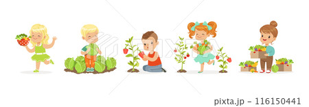 Happy Kid Character Harvesting Ripe Vegetables Vector Set 116150441