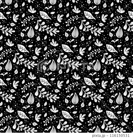 Seamless neo folk art vector pattern with flowers, black and white floral design. Neo folk style endless background perfect for textile design. 116150531