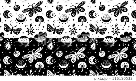 Seamless neo folk patterns set with butterfly, moth and flowers, black and white floral design. Set Neo folk style endless backgrounds perfect for textile design. 116150532