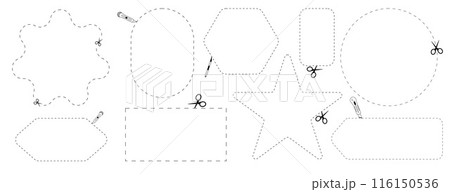Cut here icon. Set of scissors cutting shape, paper cut here icon with dotted line for ticket, coupon, promo code. 116150536