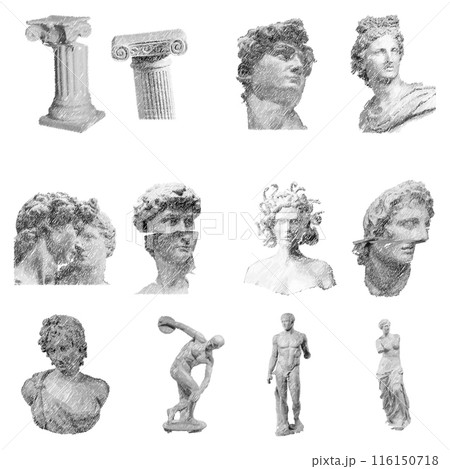 Heads Greek ancient sculpture, mystic. hand drawn illustrations of antique statues in trendy bohemian style 116150718