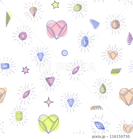 Gemstone crystal seamless pattern. Pastel gems and stars on white background 116150730