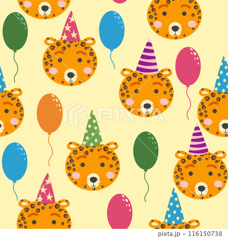 Seamless pattern with cute animal faces. Holiday illustration, birthday, balls, caps 116150738