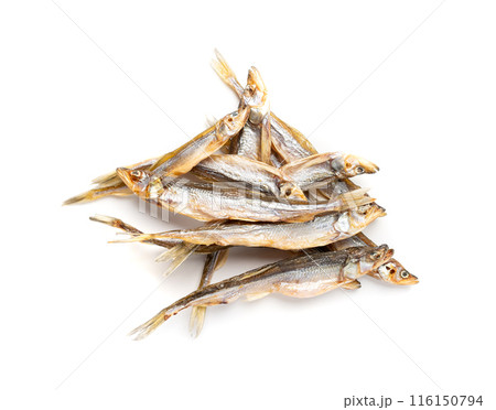 Dry smelt isolated, salted small herring, dried sardina, salted seafood, beer snacks stockfish 116150794