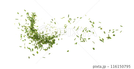 Scattered dry chive pile isolated. Dried green onion flakes, chopped dried spring onion on white 116150795
