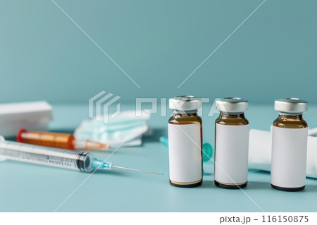 Syringe and glass vial on blue background table. Medical Vials group, needles, ampoules, bottle with medicines or vaccine. Disease treatment. Creative Banner. Anti-aging beauty injections. Vaccination 116150875