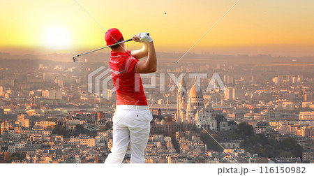 Olympic golf in Paris 2024( man playing golf against cathedral Sacre Coeur with sunset in France) Olympic golf in Paris 2024( man playing golf against cathedral Sacre Coeur with sunset in France) 116150982