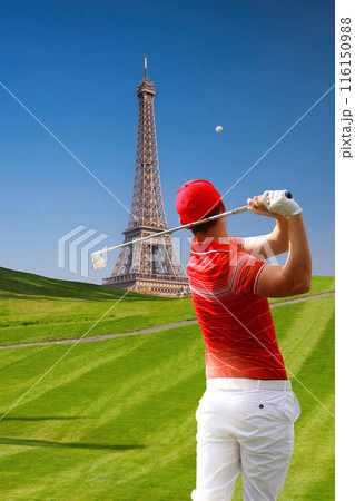 Olympic golf in Paris 2024( man playing golf against Eiffel Tower in France) 116150988