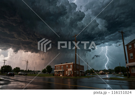 雷の光る夕方の街角　AI生成画像 116151024