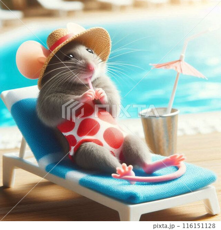 ビーチでくつろいでいる水着姿のネズミ 116151128