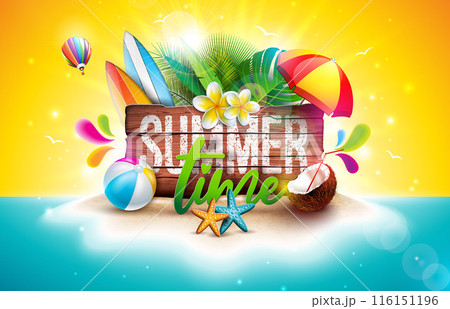 Summer Time Holiday Design with Flower, Tropical Palm Leaves and Beach Holiday Elements on Ocean Landscape Background. Vector Vacation Illustration with Typography Letter on Vintage Wood Board for 116151196