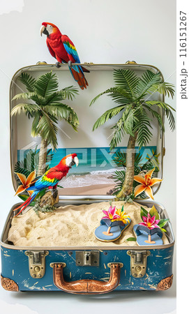 Open retro suitcase with seascape and sand, palm trees and parrots 116151267
