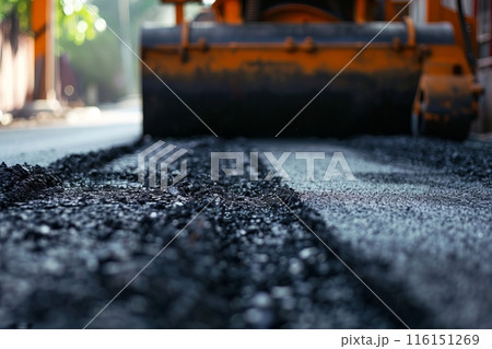 Laying fresh asphalt, road work with asphalt finisher , asphalt paver rolls asphalt 116151269