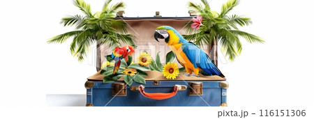 Open retro suitcase with seascape and sand, palm trees and parrots 116151306