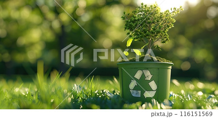 Green Plant growing in a pot with recycle symbol icon, eco sign. Bokeh blur natural background. Copy space for text. Saving the Earth, Earth Day, environmental sustainability. Reforestation Green Plant growing in a pot with recycle symbol icon, eco sign. Bokeh blur natural background. Copy space for text. Saving the Earth, Earth Day, environmental sustainability. Reforestation 116151569