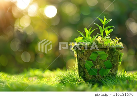 Green Plant growing in a pot with recycle symbol icon, eco sign. Bokeh blur natural background. Copy space for text. Saving the Earth, Earth Day, environmental sustainability. Reforestation Green Plant growing in a pot with recycle symbol icon, eco sign. Bokeh blur natural background. Copy space for text. Saving the Earth, Earth Day, environmental sustainability. Reforestation 116151570