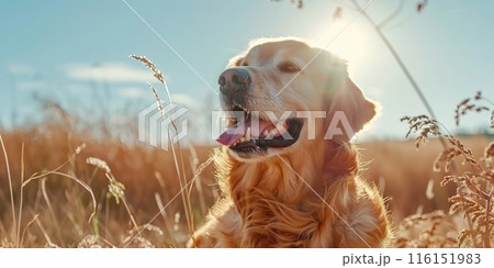 Happy dog walking in a autumnal meadow among pampass grass. Blue sky, sun. Portrait of friendly golden Retriever in the field in autumn sunlight on background. Cheerful puppy. Fall season 116151983
