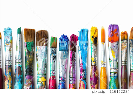 Set of different dirty paint brushes with gouache isolated on white. Composition of colorful painting brushes for drawing arranged in a row. Concept of hobbies and creativity. Banner with copy space 116152284