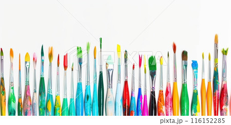 Set of different dirty paint brushes with gouache isolated on white. Composition of colorful painting brushes for drawing arranged in a row. Concept of hobbies and creativity. Banner with copy space Set of different dirty paint brushes with gouache isolated on white. Composition of colorful painting brushes for drawing arranged in a row. Concept of hobbies and creativity. Banner with copy space 116152285