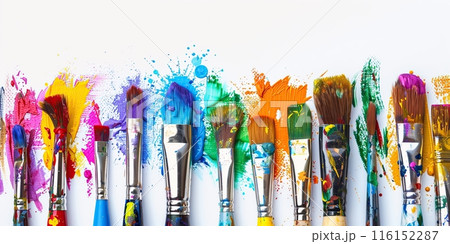 Set of different dirty paint brushes with gouache isolated on white. Composition of colorful painting brushes for drawing arranged in a row. Concept of hobbies and creativity. Banner with copy space Set of different dirty paint brushes with gouache isolated on white. Composition of colorful painting brushes for drawing arranged in a row. Concept of hobbies and creativity. Banner with copy space 116152287