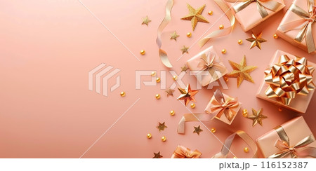 New Year banner. Christmas gift boxes tied with bows, balls, golden decorations. Season's greetings scene perfect for messages or promo. Xmas frame. Gifts on peach fuzz. Presents with stars, confetti 116152387