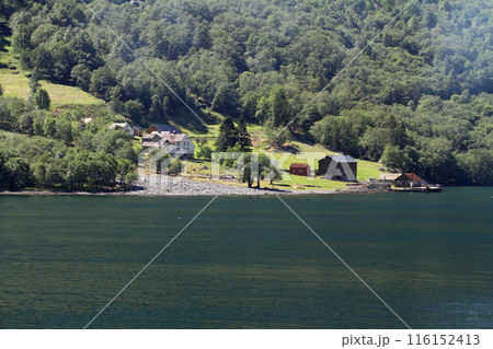 ノルウェーフィヨルドの峡谷に点在する家並み 116152413