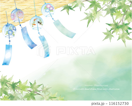 夏の爽やかな風鈴とすだれの暑中見舞いイラスト 116152730