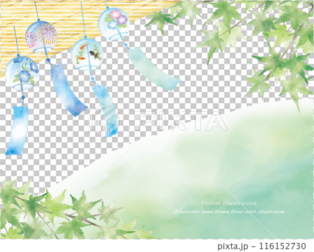 夏の爽やかな風鈴とすだれの暑中見舞いイラスト 116152730