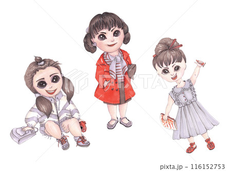 Back to school. Cartoon little girls. Fashionable teenager. Isolated children's illustration. Child schoolboy, student. Mixed media drawing 116152753